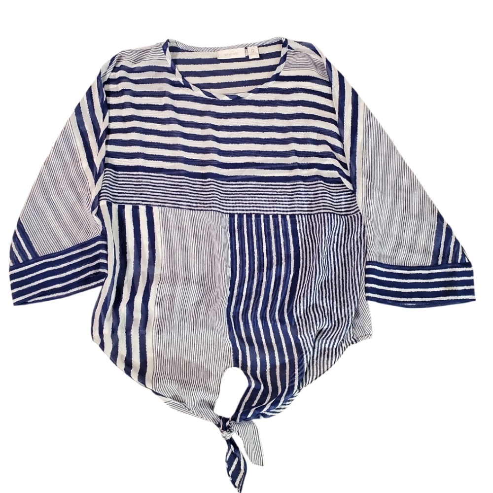Chico's Blue White Stripe Shear Tie‎ Front 3/4 Sleeve Blouse Size 0 - Medium